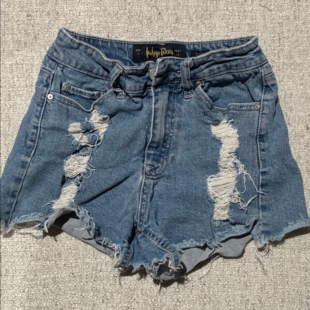 Indigo Distressed Blue Jean Curvy Shorts